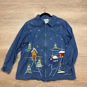 The Quaker Factory Embroidered Christmas Village Full Zip‎ Up Jacket Women's 1X